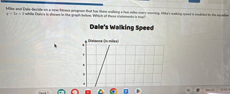 Mike and Dale decide on a new fitness program that has them walking a few miles every morning. Mike's walking speed is modeled by the equation
y=2x+3 while Dale's is shown in the graph below. Which of these statements is true?
Dale’s Walking Speed
Distance (in miles)
8
7
6
5
4
Desk 1 Nov 22 10:45