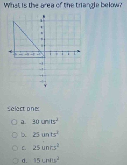 What is the area of the triangle below?
Select one:
a. 30units^2
b. 25units^2
C. 25units^2
d. 15units^2