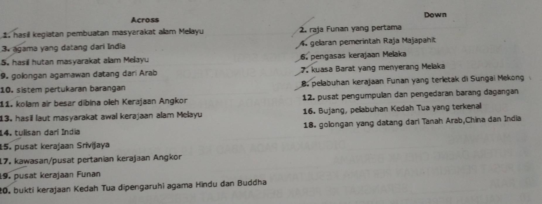 Across Down 
1. hasil kegiatan pembuatan masyarakat alam Melayu 2. raja Funan yang pertama 
3. agama yang datang dari India 4. gelaran pemerintah Raja Majapahit 
5. hasil hutan masyarakat alam Melayu 6. pengasas kerajaan Melaka 
9. golongan agamawan datang dari Arab 7. kuasa Barat yang menyerang Melaka 
10. sistem pertukaran barangan 8. pelabuhan kerajaan Funan yang terletak di Sungai Mekong 
11. kolam air besar dibina oleh Kerajaan Angkor 12. pusat pengumpulan dan pengedaran barang dagangan 
13. hasil laut masyarakat awal kerajaan alam Melayu 16. Bujang, pelabuhan Kedah Tua yang terkenal 
14. tulisan dari India 18. golongan yang datang dari Tanah Arab,China dan India 
15. pusat kerajaan Srivijaya 
17. kawasan/pusat pertanian kerajaan Angkor 
19. pusät kerajaan Funan 
20. bukti kerajaan Kedah Tua dipengaruhi agama Hindu dan Buddha