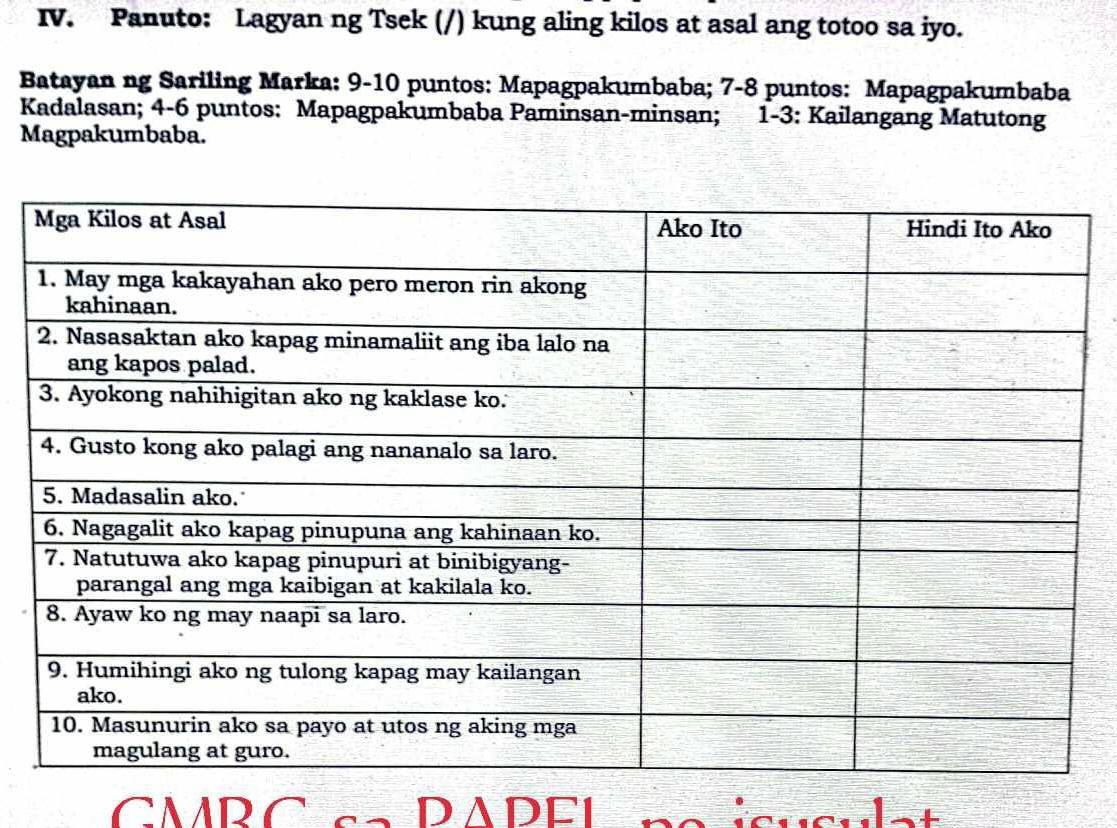 Panuto: Lagyan ng Tsek (/) kung aling kilos at asal ang totoo sa iyo. 
Batayan ng Sariling Marka: 9 -10 puntos: Mapagpakumbaba; 7 -8 puntos: Mapagpakumbaba 
Kadalasan; 4 -6 puntos: Mapagpakumbaba Paminsan-minsan; 1-3 : Kailangang Matutong 
Magpakumbaba. 
GMRC cn PAPEL na icusulet