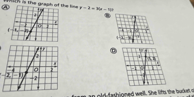 hich is the grahe line y-2=3(x-1) ?
④
⑧
 
D
 
an old-fashioned well. She lifts the bucket o