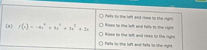 Falls to the left and rises to the right
(a) f(x)=-4x^6+8x^5+5x^2+2x Rises to the left and falls to the right
Rises to the left and rises to the right
Falls to the left and falls to the right