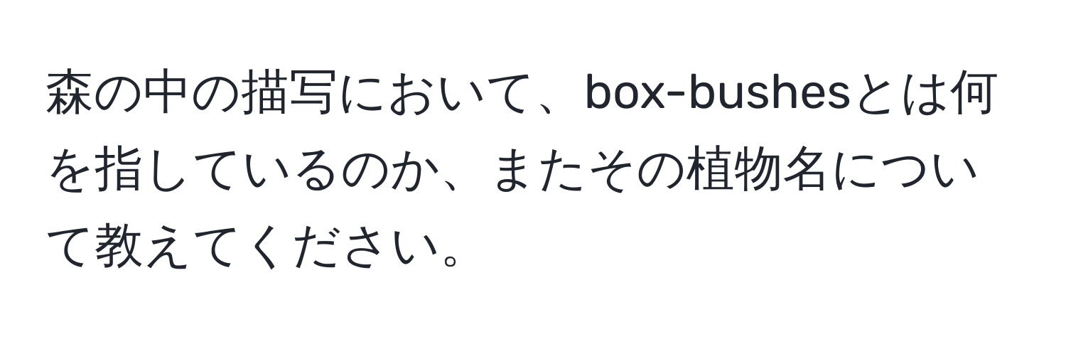 森の中の描写において、box-bushesとは何を指しているのか、またその植物名について教えてください。