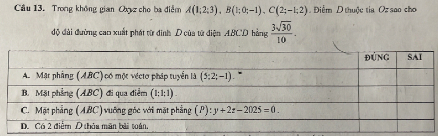 Trong không gian Oxyz cho ba điểm A(1;2;3),B(1;0;-1),C(2;-1;2). Điểm D thuộc tia Oz sao cho
độ dài đường cao xuất phát từ đỉnh D của tứ diện ABCD bằng  3sqrt(30)/10 .