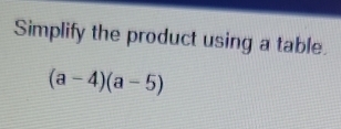 Simplify the product using a table.
(a-4)(a-5)