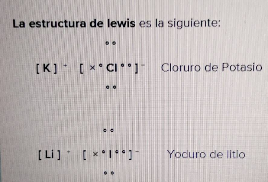 La estructura de lewis es la siguiente:
[K]^+[x°Cl^((circ)°]^-) Cloruro de Potasio 
「 □ ] ` [x°|^circ ]^- Yoduro de litio