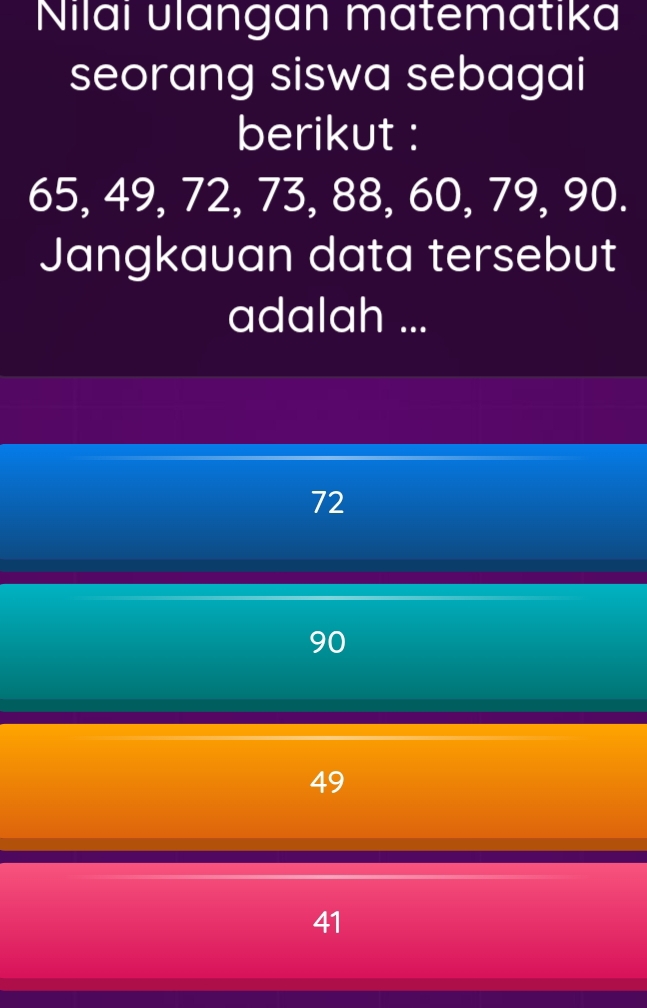 Nilai ulangan matematika
seorang siswa sebagai
berikut :
65, 49, 72, 73, 88, 60, 79, 90.
Jangkauan data tersebut
adalah ...
72
90
49
41