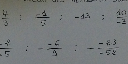  4/3 ;  (-1)/5 ; -13; :  10/-3 
 (-2)/-5 ; - (-6)/9 ; - (-23)/-52 