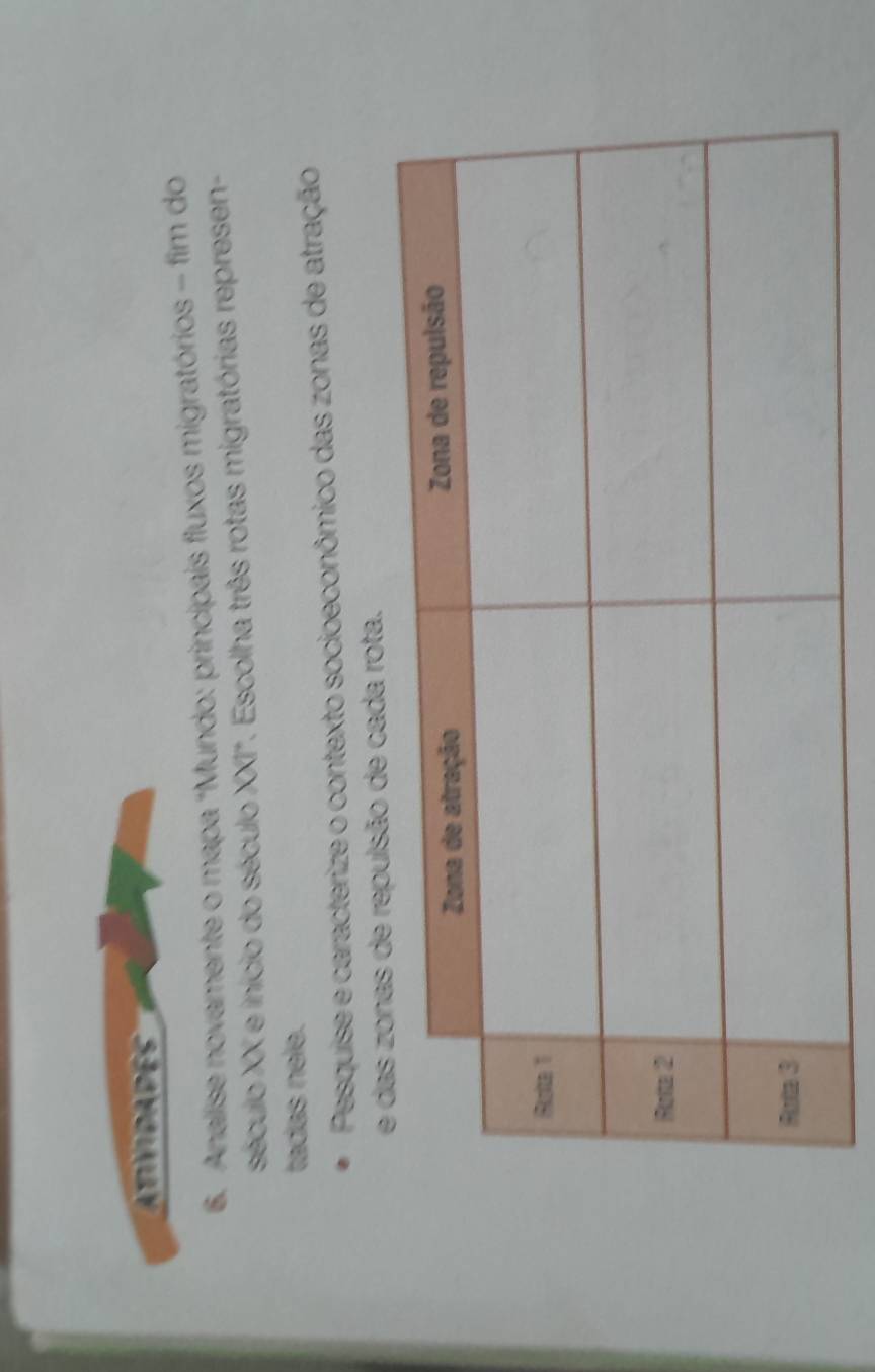 Atividades 
6. Analise novamente o mapa “Mundo: princípais fluxos migratórios - fim do 
século XX e início do século XXI'. Escolha três rotas migratórias represen- 
tadas nele. 
Pesquise e caracterize o contexto socioeconômico das zonas de atração 
de cada rota.