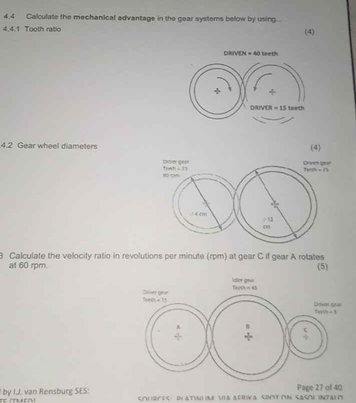 4.4 Calculate the mechanical advantage in the gear systems below by using...
4.4.1 Tooth ratio (4)
RIVEN=40 teeth
4.2 Gear wheel diameters (4)
3 Calculate the velocity ratio in revolutions per minute (rpm) at gear C if gear A rotates
at 60 rpm. (5)
Driven gear
Teath =5
by I.J. van Rensburg SES:
Page 27 of 40
τς (ΤΝεσ) S∩U RCES· PIATINΙIM VIA AFRIKA SPOT ON SASOE INZAL ∩