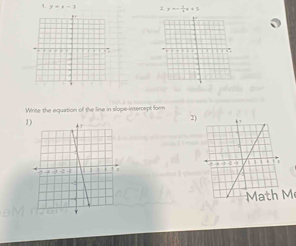 y=x-3
2 y=- 1/4 x+5
Write the equation of the line in slope-intercept form
1
2)

M