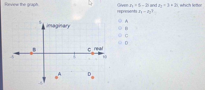 Review the graph. Given z_1=5-2i and z_2=3+2i , which letter
represents z_1-z_2 ?
A
B
C
D