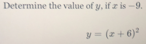 Determine the value of y, if x is −9.
y=(x+6)^2