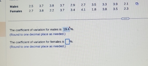 Males 2.5 3.7 3.8 3.7 2.9 2.7 3.5 3.3 3.9 2.1
Females 2.7 3.8 2.2 3.7 3.4 4.1 1.8 3.8 3.5 2.3
The coefficient of variation for males is 19.4%. 
(Round to one decimal place as needed.) 
The coefficient of variation for females is □ %. 
(Round to one decimal place as needed.)