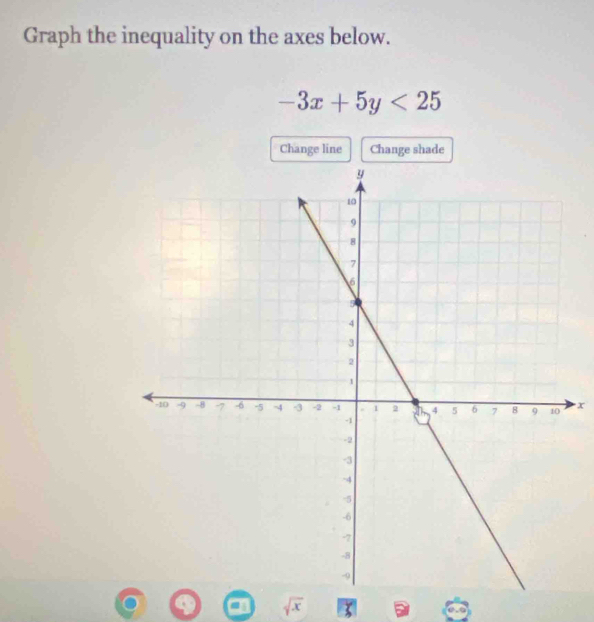 Graph the inequality on the axes below.
-3x+5y<25</tex> 
Change line Change shade
x
sqrt(x)