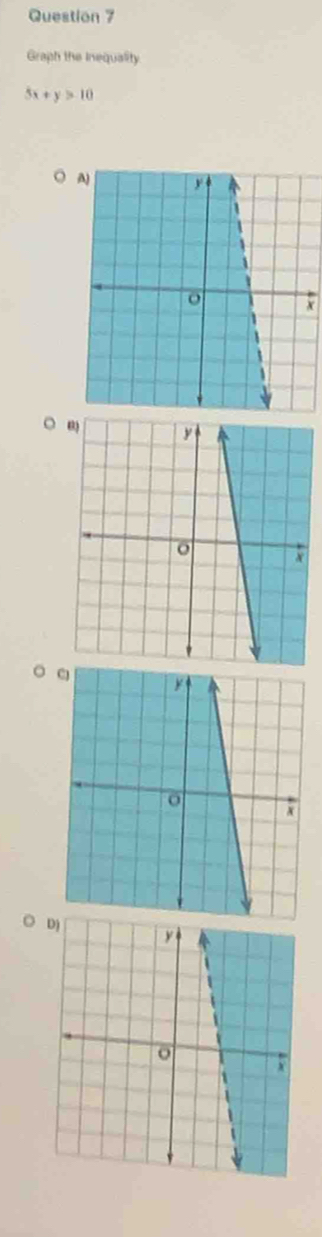 Graph the Inequality
5x+y>10
x
○