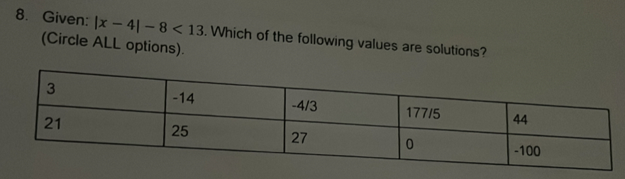 Given: |x-4|-8<13</tex> 
(Circle ALL options). . Which of the following values are solutions?