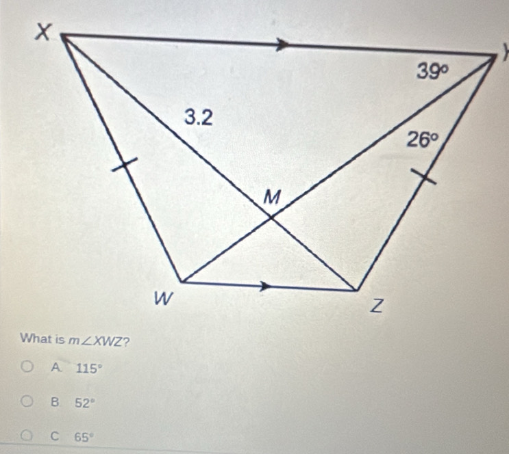 A. 115°
B 52°
C 65°