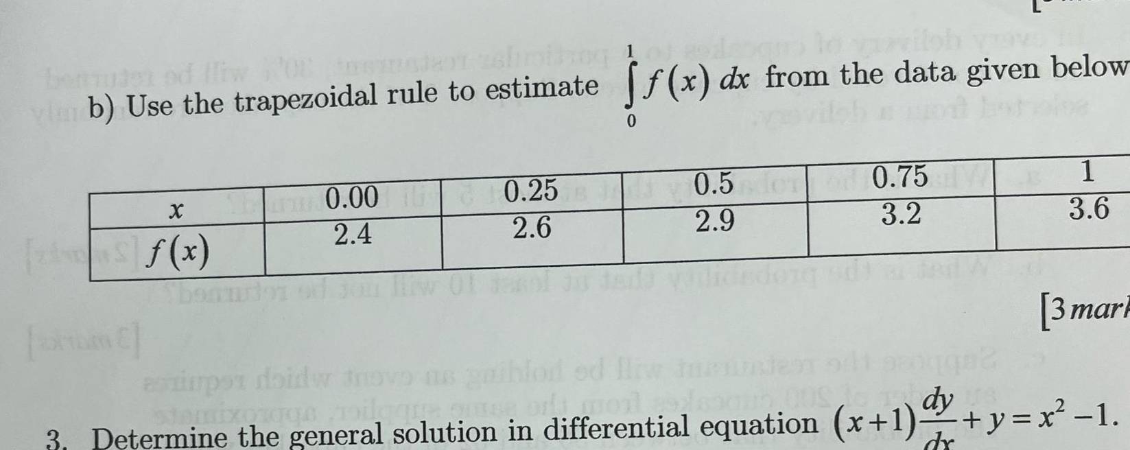 Use the trapezoidal rule to estimate ∈tlimits _0^(1f(x)dx dx from the data given below
[3 marl
3. Determine the general solution in differential equation (x+1)frac dy)dx+y=x^2-1.