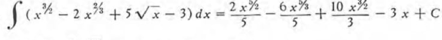 ∈t (x^(3/2)-2x^(2/3)+5sqrt(x)-3)dx= (2x^(3/2))/5 - (6x^(5/3))/5 + (10x^(3/2))/3 -3x+C