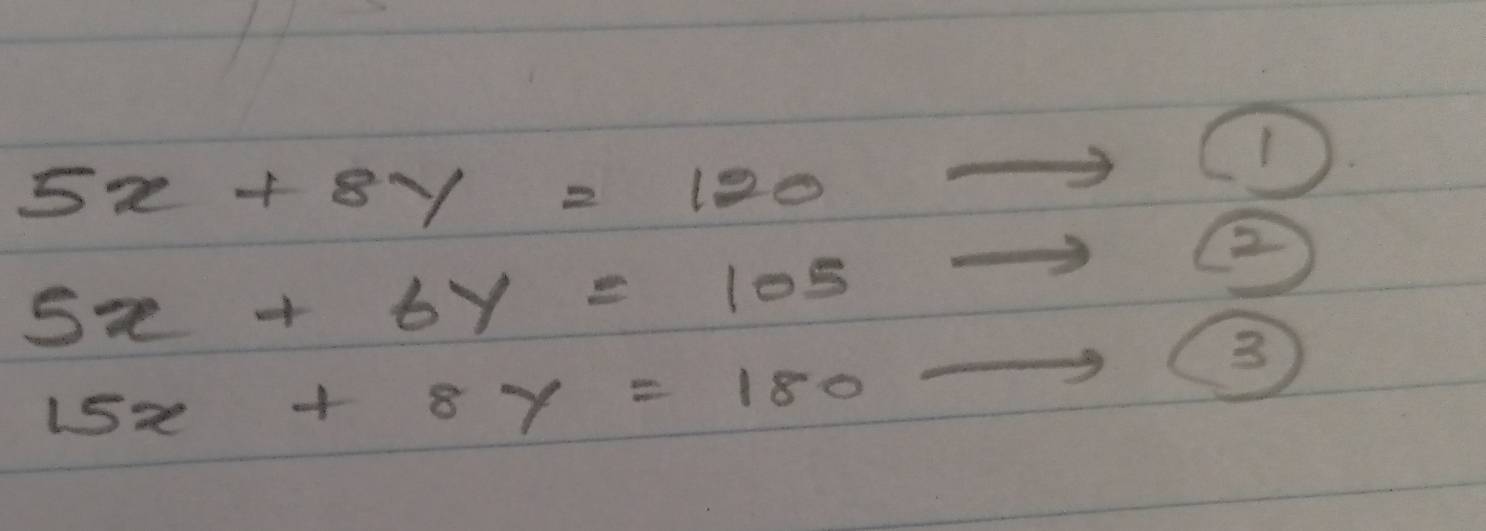 5x+8y=120
5x+6y=105
②
3
15x+8y=180