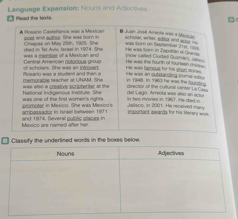 Language Expansion: Nouns and Adjectives 
ARead the texts. 
D 
B Classify the underlined words in the boxes below.