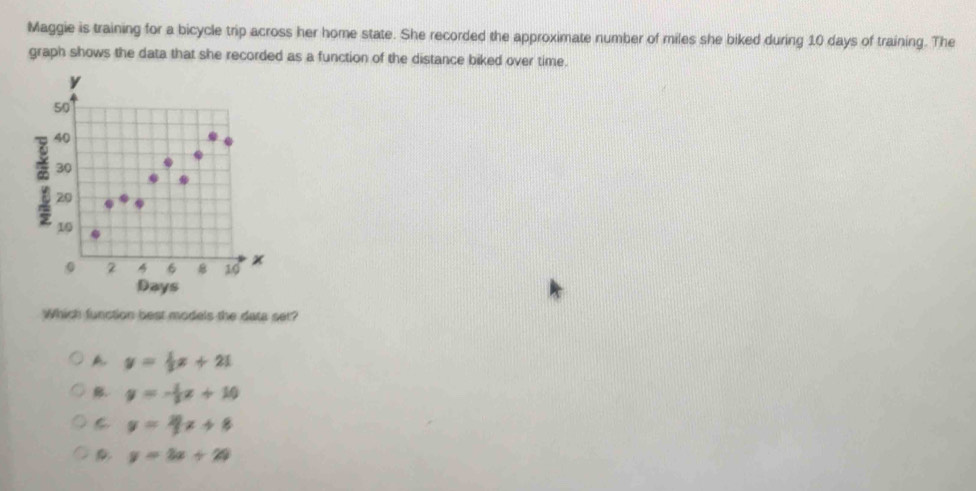 Maggie is training for a bicycle trip across her home state. She recorded the approximate number of miles she biked during 10 days of training. The
graph shows the data that she recorded as a function of the distance biked over time.
Which function best models the data set?
A y= 1/2 x+21
y=- 1/3 x+10
y=4x+8
y=3x+29