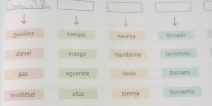 gasolina tomate naranja tornado 
diésel mango mandarina terremoto 
gas aguacate limón tsunami 
biodiésel otoe toronja tormenta