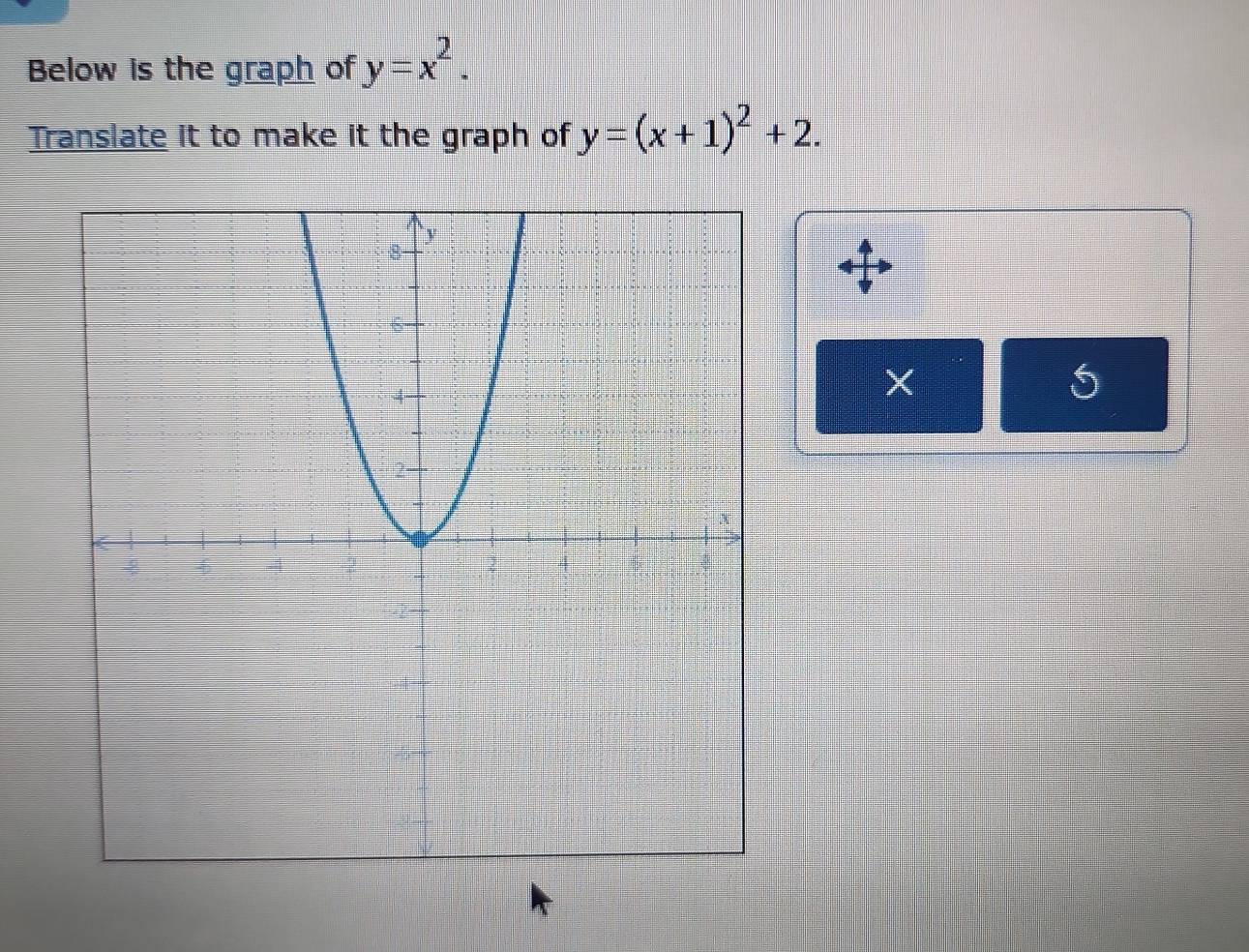 Below is the graph of y=x^2. 
Translate it to make it the graph of y=(x+1)^2+2. 
5