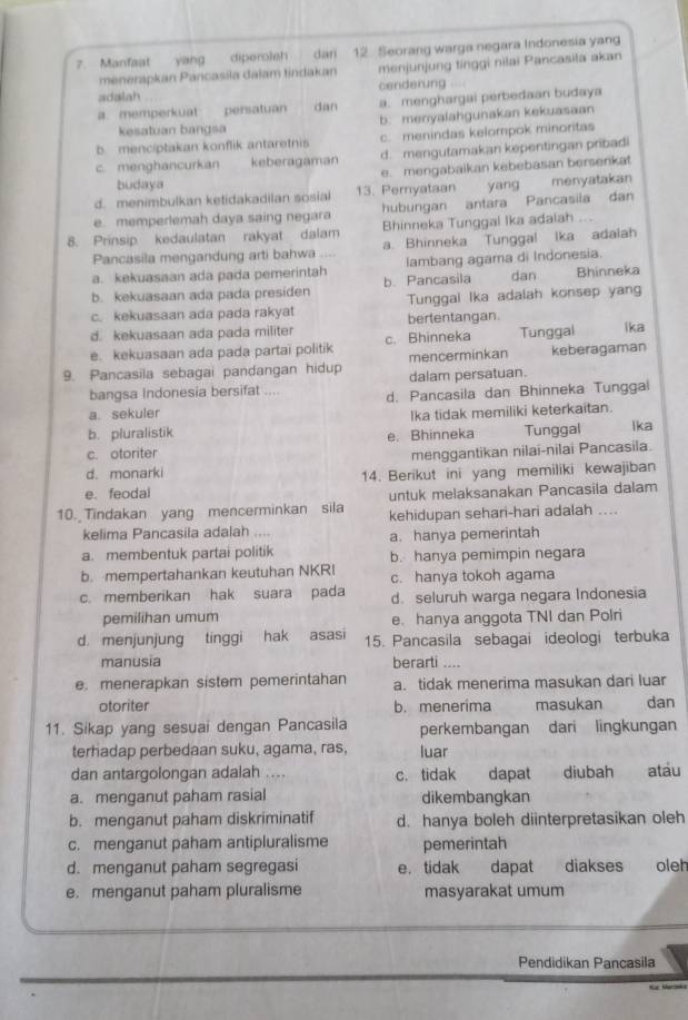 Manfaat yang diperoleh dar 12. Seorang warga negara Indonesia yang
menerapkan Pancasila dalam tindakan menjunjung tinggi nilai Pancasita akan
adalah cenderung
a. memperkuat persatuan dan a. menghargai perbedaan budaya
kesatuan bangsa b. menyalahgunakan kekuasaan
bmenciptakan konflik antaretnis c. menindas kelompok minoritas
c. menghancurkan keberagaman d. mengutamakan kepentingan pribadi
budaya e. mengabaikan kebebasan berserikat
d. menimbulkan ketidakadilan sosial 13. Pernyataan w  yang menyatakan
e. memperlemah daya saing negara hubungan antara Pancasila dan
Bhinneka Tunggal Ika adalah ...
8. Prinsip kedaulatan rakyat dalam a. Bhinneka Tunggal lka adalah
Pancasila mengandung arti bahwa
a. kekuasaan ada pada pemerintah lambang agama di Indonesia.
b. kekuasaan ada pada presiden b. Pancasila dan Bhinneka
c. kekuasaan ada pada rakyat Tunggal lka adalah konsep yang
d. kekuasaan ada pada militer bertentangan.
e. kekuasaan ada pada partai politik c. Bhinneka Tunggal lka
9. Pancasila sebagai pandangan hidup dalam persatuan. mencerminkan keberagaman
bangsa Indonesia bersifat ....
a sekuler d. Pancasila dan Bhinneka Tunggal
b. pluralistik Ika tidak memiliki keterkaitan.
c. otoriter e. Bhinneka Tunggal Ika
menggantikan nilai-nilai Pancasila.
d. monarki
e. feodal 14. Berikut ini yang memiliki kewajiban
untuk melaksanakan Pancasila dalam
10. Tindakan yang mencerminkan sila kehidupan sehari-hari adalah ....
kelima Pancasila adalah ....
a. hanya pemerintah
a. membentuk partai politik b. hanya pemimpin negara
b. mempertahankan keutuhan NKRI c. hanya tokoh agama
c. memberikan hak suara pada d. seluruh warga negara Indonesia
pemilihan umum e. hanya anggota TNI dan Polri
d. menjunjung tinggi hak asasi 15. Pancasila sebagai ideologi terbuka
manusia berarti ....
e. menerapkan sistem pemerintahan a. tidak menerima masukan dari luar
otoriter b. menerima masukan dan
11. Sikap yang sesuai dengan Pancasila perkembangan dari lingkungan
terhadap perbedaan suku, agama, ras, luar
dan antargolongan adalah .... c. tidak dapat diubah atáu
a. menganut paham rasial dikembangkan
b. menganut paham diskriminatif d. hanya boleh diinterpretasikan oleh
c. menganut paham antipluralisme pemerintah
d. menganut paham segregasi e. tidak dapat diakses oleh
e. menganut paham pluralisme masyarakat umum
Pendidikan Pancasila
C   Ma