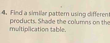 Find a similar pattern using differen 
products. Shade the columns on the 
multiplication table.