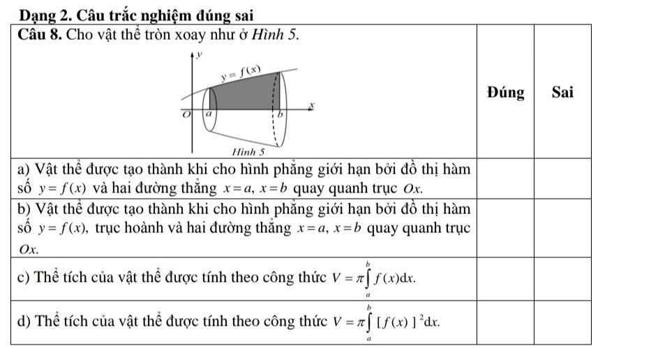 Dạng 2. Câu trắc nghiệm đúng sai
Câu 8. Cho vật thể tròn xoay như ở Hình 5.
Đúng Sai
a) Vật thể được tạo thành khi cho hình phẳng giới hạn bởi đồ thị hàm
số y=f(x) và hai đường thắng x=a,x=b quay quanh trục Ox.
b) Vật thể được tạo thành khi cho hình phăng giới hạn bởi đồ thị hàm
số y=f(x) ), trục hoành và hai đường thắng x=a,x=b quay quanh trục
Ox.
c) Thể tích của vật thể được tính theo công thức V=π ∈tlimits _a^(bf(x)dx.
d) Thể tích của vật thể được tính theo công thức V=π ∈tlimits _a^b[f(x)]^2)dx.