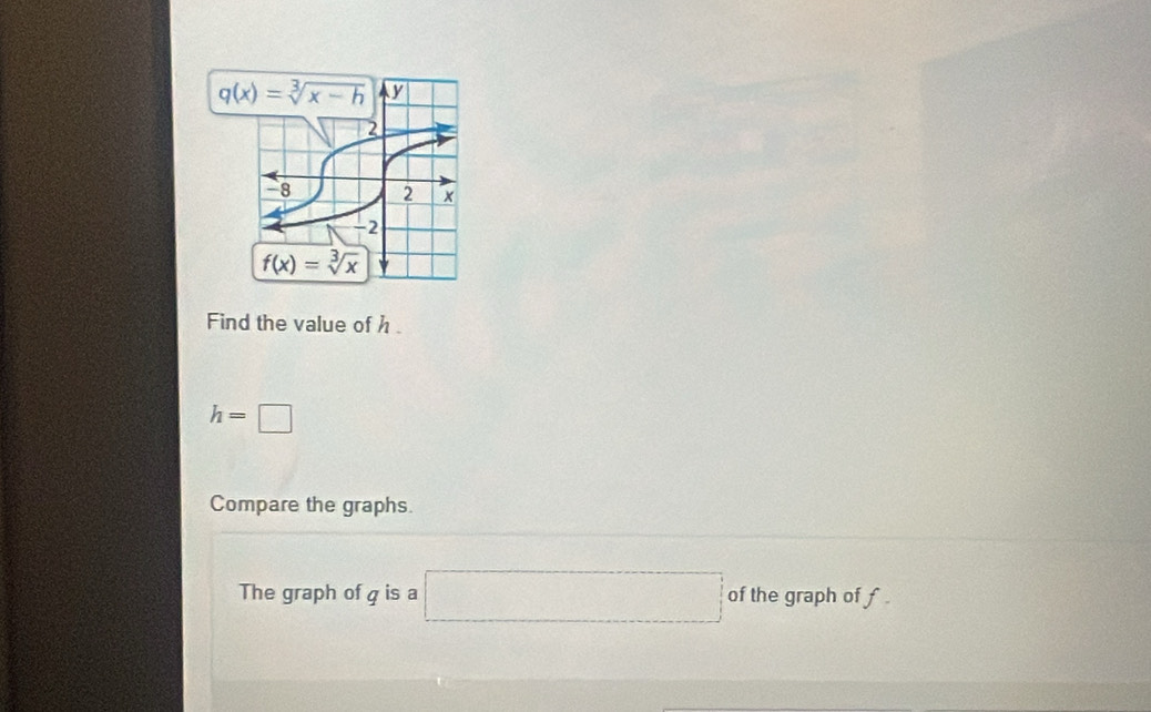 Find the value of h
h=□
Compare the graphs.
The graph of q is a □  □  □ of the graph of f .