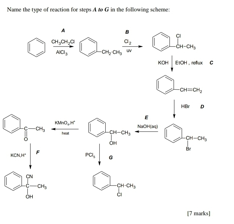 Name the type of reaction for steps A to G in the following scheme: 
A 
B
frac CH_3CH_2ClAlCl_3□ bigcirc _-CH_2· CH_3xrightarrow CNW □ beginarrayr C1 CH-CH_3endarray
KOH|,EtOH,refluxc
bigcirc -CH=CH_2
CH=CH_2
HBrD
E
□ _f-cH_3 KMnO_4,H^+ beginarrayr □  □  1GH-GH_3 NaOH(aq)
heat 
overline   □ /9r _0rth-0.4s endarray 
KCN_1H^+downarrow F
PCl_5 |G
bigcirc frac (GN)^-d_H
□ cH-CH^ beginarrayr CH-CH_3 1_1endarray
[7 marks]