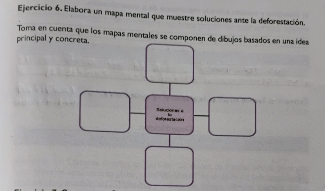 Elabora un mapa mental que muestre soluciones ante la deforestación. 
Toma en cuenta que los mapas mentales se componen de dibujos basados en una idea 
principal y concreta. 
Soluciones a 
la 
deforestación