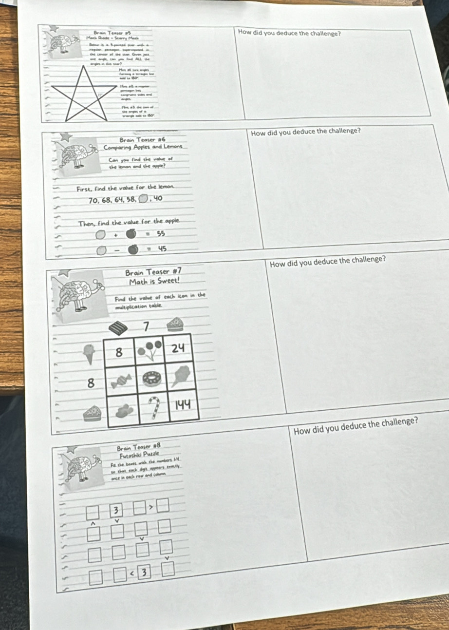 Brain Teaser 185 How did you deduce the challenge? 
Math Riddle - Starry Math 
the center of the star. Garen just 
one angle, can you fnd ALL the 
=== 
Brain Teaser #6 How did you deduce the challenge? 
Comparing Apples and Lemons 
Can you find the value of 
the lemon and the apple 
First, find the value for the lemon.
0.40
70
Then, find the value for the apple
□ +□ =55
□ -□ =45
Brain Teaser #7 How did you deduce the challenge? 
Math is Sweet! 
Find the value of each icon in the 
multiplication table. 
1 
8 24
8 
Brain Teaser #8 How did you deduce the challenge? 
Futoshiki Puzzle 
Fll the baxes with the numbers 14. 
so that each digit appears exactly. 
once in each row and column. 
3 
^ 
3
