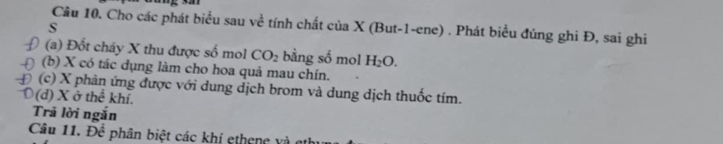 Cho các phát biểu sau về tính chất của X (But -1 -ene) . Phát biểu đúng ghi Đ, sai ghi
S
(a) Đốt cháy X thu được số mol CO_2 bằng số mol H_2O.
(b) X có tác dụng làm cho hoa quả mau chín.
D (c) X phản ứng được với dung dịch brom và dung dịch thuốc tím.
(d) X ở he khí.
Trả lời ngắn
Câu 11. Để phân biệt các khí ethene và ở