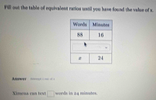 Fill out the table of equivalent ratios until you have found the value of x. 
Answer Attempt t out of 
Ximena can text □ words in 24 minutes.