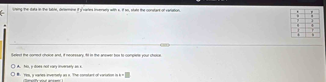 Using the data in the table, determine fsqrt() varies inversely with x. If so, state the constant of variation. 
Select the correct choice and, if necessary, fill in the answer box to complete your choice.
A. No, y does not vary inversely as x.
B. Yes, y varies inversely as x. The constant of variation is k=□. 
(Simplify your answer.)