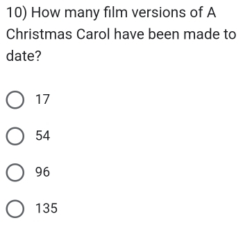 How many film versions of A
Christmas Carol have been made to
date?
17
54
96
135