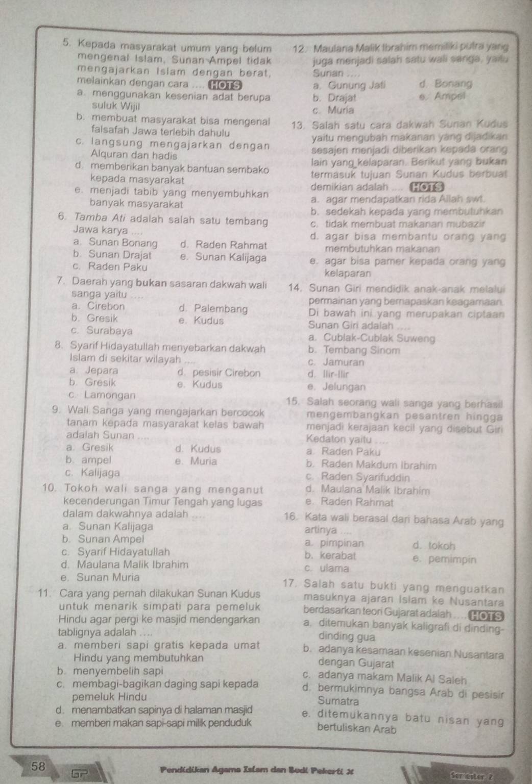 Kepada masyarakat umum yang belum 12. Maulana Malik Ibrahim memiliki putra yang
mengenal Islam, Sunan Ampel tidak juga menjadi salah satu wali sanga, yaitu
mengajarkan Islam dengan berat, Sunan ....
melainkan dengan cara .... HOTS a. Gunung Jati d. Bonang
a menggunakan kesenian adat berupa b. Drajat s Ampel
suluk Wijil c. Muria
b. membuat masyarakat bisa mengenal 13. Salah satu cara dakwah Sunan Kudus
falsafah Jawa terlebih dahulu
c. langsung mengajarkan dengan yaitu mengubah makanan yang dijadikan
Alquran dan hadis sesajen menjadi diberikan kepada orang
lain yang_kelaparan. Berikut yang bukan
d. memberikan banyak bantuan sembako termásuk tujuan Sunan Kudus berbuat
kepada masyarakat
demikian adalah .... 1019
e. menjadi tabib yang menyembuhkan a. agar mendapatkan rida Allah swl.
banyak masyarakat
b. sedekah kepada yang membutuhkan
6. Tamba Ati adalah salah satu tembang c. tidak membuat makanan mubazir
Jawa karya .... d. agar bisa membantu orang yang
a. Sunan Bonang d. Raden Rahmat membutuhkan makanan
b. Sunan Drajat e. Sunan Kalijaga e. agar bisa pamer kepada orang yang
c. Raden Paku kelaparan
7. Daerah yang bukan sasaran dakwah wali 14. Sunan Giri mendidik anak-anak melalui
sanga yaitu
permainan yang berapaskan keagamaan.
a. Cirebon d. Palembang Di bawah ini yang merupakan ciptaan
b. Gresik e. Kudus Sunan Giri adalah
c. Surabaya a. Cublak-Cublak Suweng
8. Syarif Hidayatullah menyebarkan dakwah b. Tembang Sinom
Islam di sekitar wilayah c. Jamuran
a. Jepara d. pesisir Cirebon d. Ilir-Ilir
b. Gresik e. Kudus e. Jelungan
c Lamongan 15. Salah seorang wali sanga yang berhasil
9. Wali Sanga yang mengajarkan bercocok mengembangkan pesantren hingga
tanam kepada masyarakat kelas bawah menjadi kerajaan kecil yang disebut Giri
adalah Sunan Kedaton yaitu ....
a. Gresik d. Kudus a. Raden Paku
b. ampel e. Muria b. Raden Makdum Ibrahim
c. Kalijaga c. Raden Syarifuddin
10. Tokoh wali sanga yang menganut d. Maulana Malik Ibrahim
kecenderungan Timur Tengah yang lugas e. Raden Rahmat
dalam dakwahnya adalah 16. Kata wali berasal dani bahasa Arab yang
a. Sunan Kalijaga artinya . . .,
b. Sunan Ampel a. pimpinan d. tokoh
c. Syarif Hidayatullah b. kerabat e. pemimpin
d. Maulana Malik Ibrahim c. ulama
e. Sunan Muria 17. Salah satu bukti yang menguatkan
11. Cara yang pernah dilakukan Sunan Kudus masuknya ajaran Islam ke Nusantara
untuk menarik simpati para pemeluk berdasarkan teori Gujarat adalah .. .. HOTS
Hindu agar pergi ke masjid mendengarkan a, ditemukan banyak kaligrafi di dinding-
tablignya adalah . . . 
dinding gua
a. memberi sapi gratis kepada umat b. adanya kesamaan kesenian Nusantara
Hindu yang membutuhkan dengan Gujarat
b. menyembelih sapi c. adanya makam Malik Al Saleh
c. membagi-bagikan daging sapi kepada d. bermukimnya bangsa Arab di pesisir
pemeluk Hindu
Sumatra
d. menambatkan sapinya di halaman masjid e, ditemukannya batu nisan yang
e. memberi makan sapi-sapi milik penduduk bertuliskan Arab
58
35
Pendidikan Agama Islam dan Budi Pekerti X Sementer 2