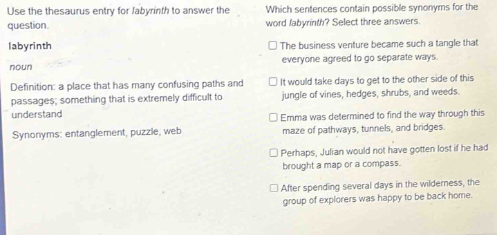 Solved: Use the thesaurus entry for labyrinth to answer the Which ...