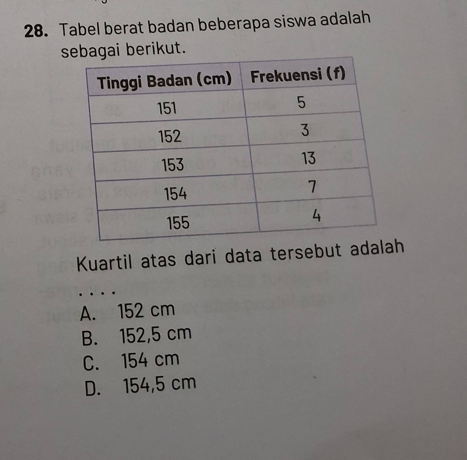 Tabel berat badan beberapa siswa adalah
sai berikut.
Kuartil atas dari data tersebuth
A. 152 cm
B. 152,5 cm
C. 154 cm
D. 154,5 cm