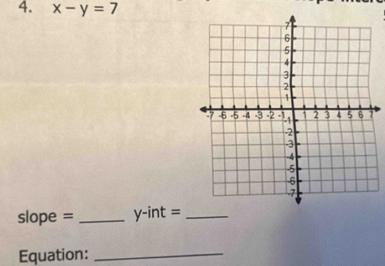 x-y=7
slope = _y-int =_ 
Equation:_