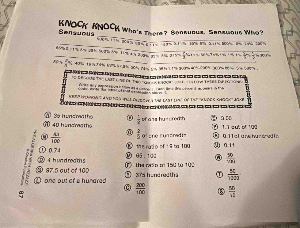 KNOCK KNOCK Who's There? Sensuous. Sensuous Who?
Sensuous
_
500% 11% 200% 35% 0.11% 150% 0.11% 83% 5% 0.11% 500% 5% 74% 200%
_
65% 0.11% 5% 35% 500% 5% 11% 4% 300% 83% 5% 375%  2/3  % 11% 50% 74% 1% 1% 1% frac 23^((circ) % frac 1)2% 30
50%  2/3  % 40% 19% 74% 83% 97.5% 50% 74% 5% 35% 1.1% 300% 40% 200% 300% 83% 5% 500% ,
a
* t t t t t 
TO DECODE THE LAST LINE OF THIS ''KNOCK-KNOCK'' JOKE, FOLLOW THESE DIRECTIONS:
Write any expression below as a percent . Each time this percent appears in the
code, write the letter of that expression above it.
KEEP WORKING AND YOU WILL DISCOVER THE LAST LINE OF THE ''KNOCK-KNOCK'' JOKE
35 hundredths ①  1/2  of one hundredth Ⓔ 3.00
⑧ 40 hundredths ® 1.1 out of 100
 2/3 
a  83/100  of one hundredth A 0.11 of one hundredth
Ⓚ the ratio of 19 to 100 Ⓤ 0.11
① 0.74
M 65:100
W  50/100 
D 4 hundredths
F the ratio of 150 to 100
⑥ 97.5 out of 100
① 375 hundredths ①  50/1000 
①one out of a hundred
 200/100 
 50/10 