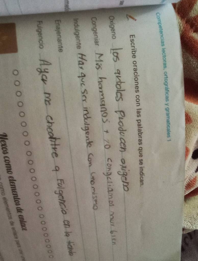 Competencias lectoras, ortográficas y gramaticales 1 
_ 
Escribe oraciones con las palabras que se indican. 
Oxigeno_ 
_ 
_ 
_ 
Congeniar_ 
_ 
Indulgente 
meds 
_ 
_ 
Enajenante 
Fulgencio 
_ 
Nexos comó elementos de entace 
çomo elementos de eníace para unir un