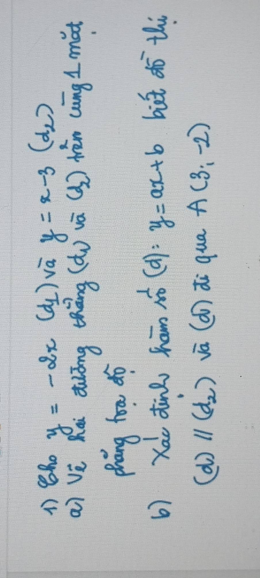 1)h y=-2x(d_1) vá y=x-3 (d_2)
ai vè hài aiōng thāng d_1 uá (a_2) těn wíng I mat 
phāng foo dò 
b) Xao din ham  1/n (d):y=ax+b bit do thi
(d)//(d_2) vā (án di qua A(3,-2)