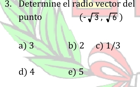 Determine el radio vector del
punto (-sqrt(3),sqrt(6))
a) 3 b) 2 c) 1/3
d) 4 e) 5