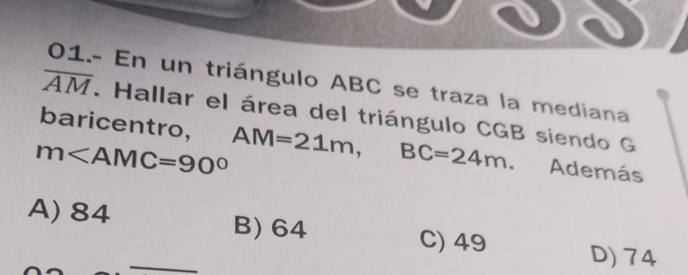 Solved: 01.- En un triángulo ABC se traza la mediana overline AM ...