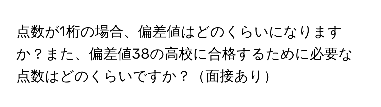 点数が1桁の場合、偏差値はどのくらいになりますか？また、偏差値38の高校に合格するために必要な点数はどのくらいですか？面接あり